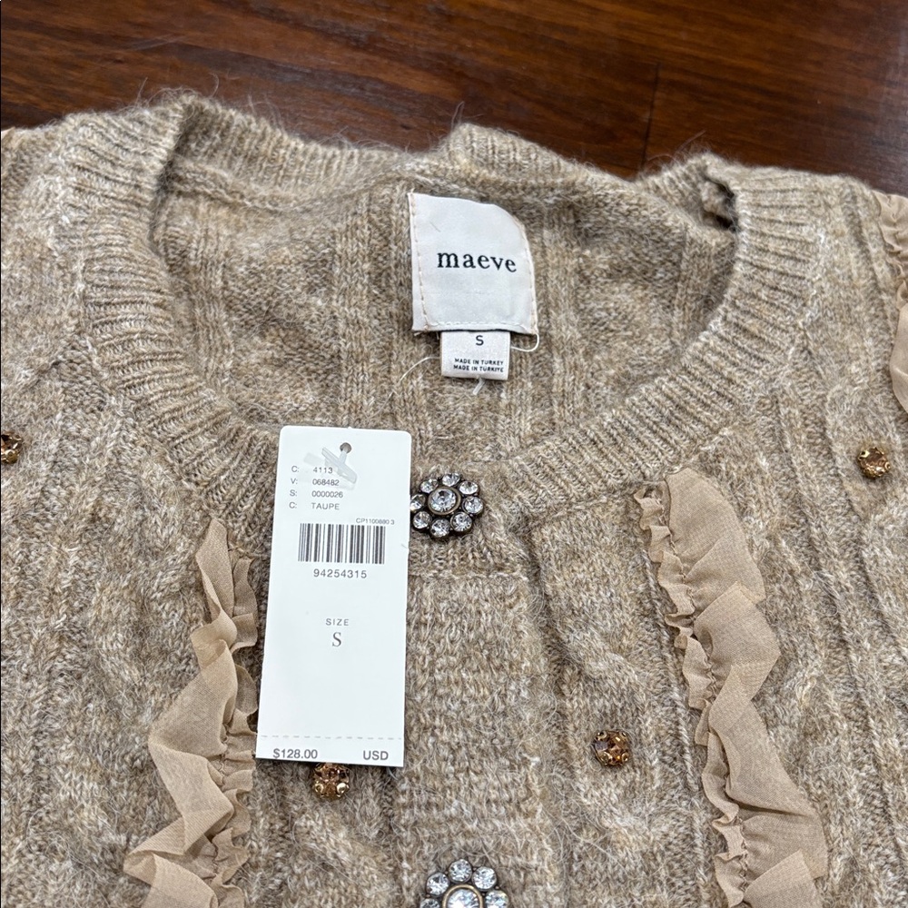 NWT MAEVE (S) Short-Sleeve Embellished Ruffled Cardigan Sweater Taupe Stretch - Picture 8 of 14
